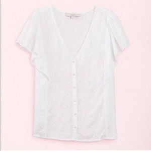 White eyelet lace ruffle button down short sleeve light cute NWT